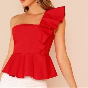Ruffle trim one shoulder peplum top